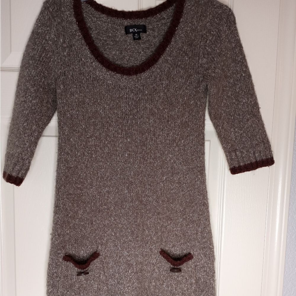 BCX Dress M Knitted 3/4 Sleeve Brown Pockets Cotton Wool Blend Women's